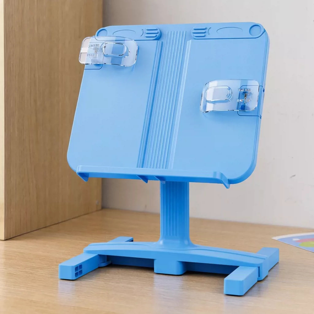 Pupitre de lecture 40 x 30 x 38 cm en plastique bleu incliné avec pinces transparentes