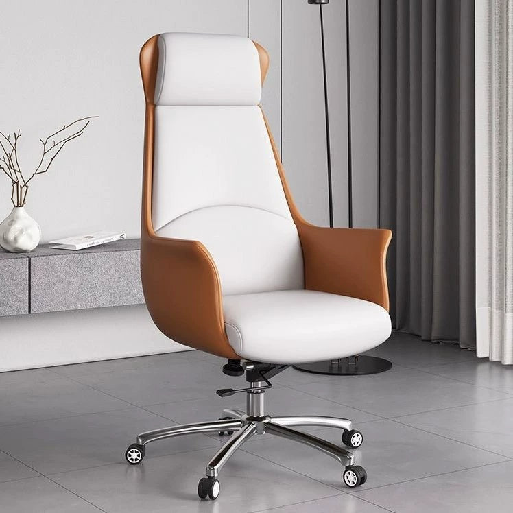 Chaise de bureau 65 x 65 x 120 cm en similicuir blanc et marron à roulettes réglable